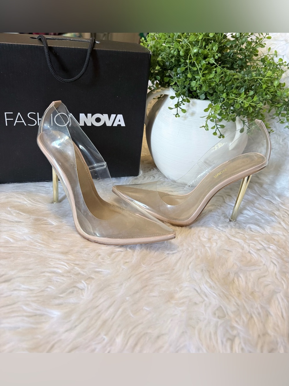Fashion Nova Clear Nude Pointed Toe Pumps with Gold Stiletto